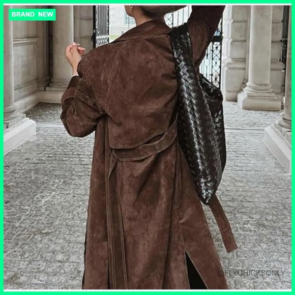 Faux Suede Long Trench Coat Notched Lapel Double Breasted Pea Coat with Belt - Picture 2 of 7